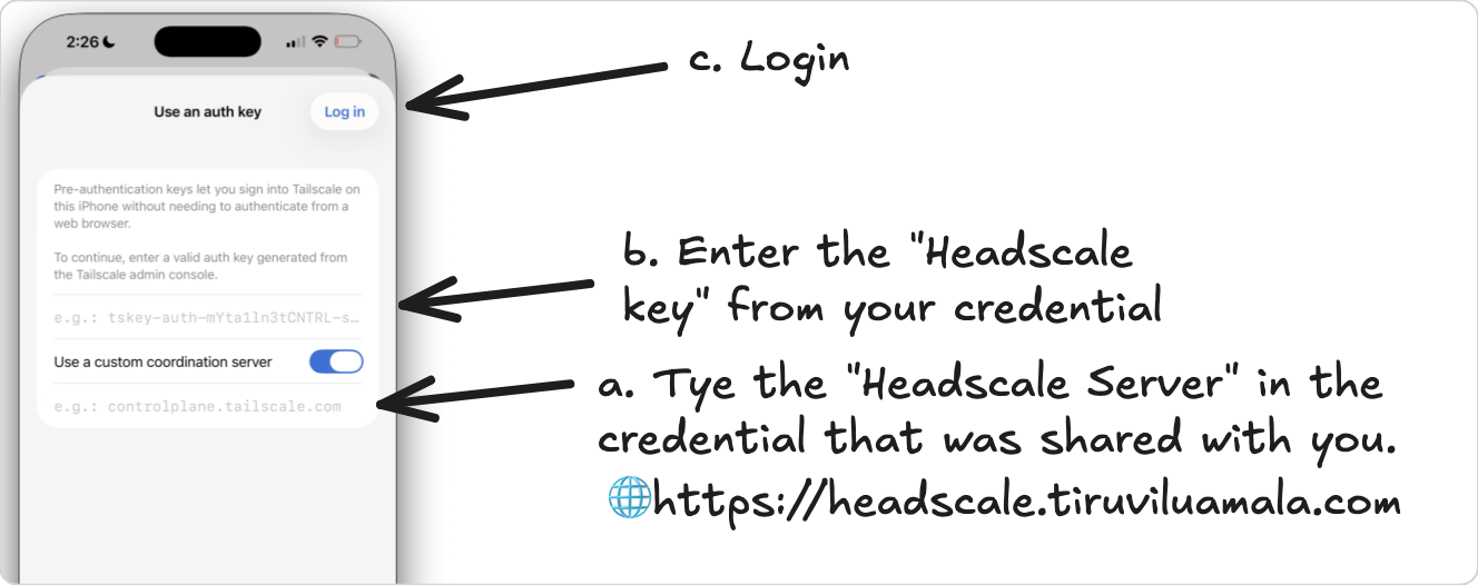 Enter the Headscale server and your key, then Login